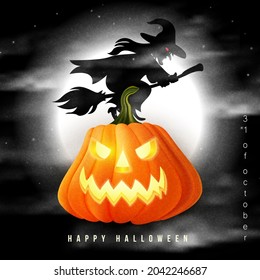 Happy halloween 3D realistic scary jack lantern and witch flying in the night full moon sky background