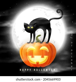 Happy halloween 3D realistic scary jack lantern and black cat with full moon night background
