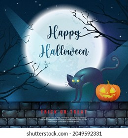 Happy halloween 3D realistic scary jack lantern and black cat on the brick wall with full moon night background