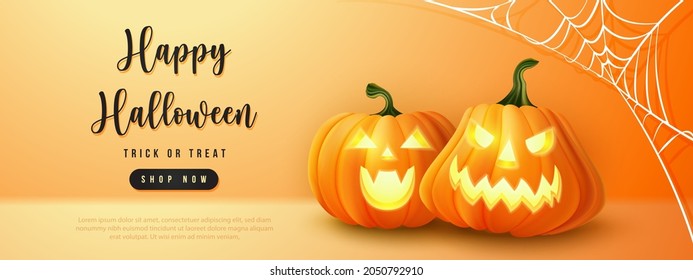 Happy halloween 3D realistic scary jack lantern and spider web
