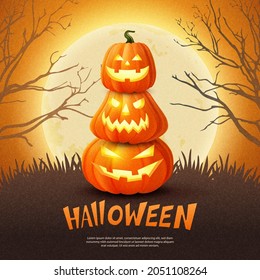Happy halloween 3D realistic scary jack lantern and full moon background