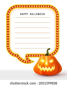 Happy halloween 3D realistic scary jack lantern and neon Circus lights frame memo template