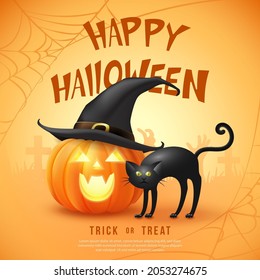 Happy halloween 3D realistic scary jack lantern with witch hat and black cat
