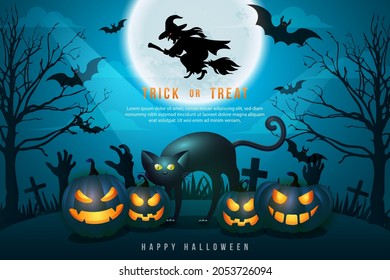 Happy halloween 3D realistic scary jack lantern and black cat with full moon night graveyard background