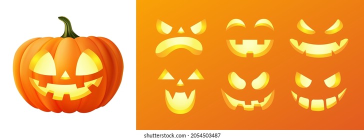 Happy halloween 3D realistic scary jack lantern different faces set collection