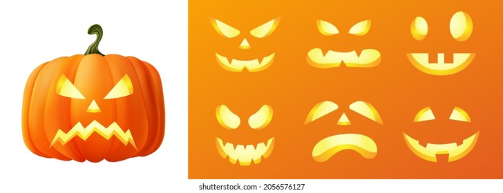 Happy halloween 3D realistic scary jack lantern different faces set collection