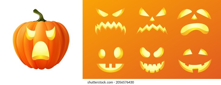 Happy halloween 3D realistic scary jack lantern different faces set collection