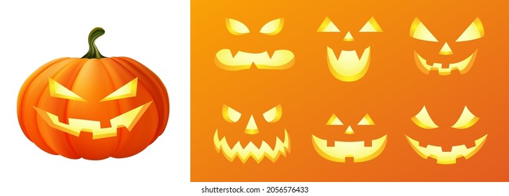 Happy halloween 3D realistic scary jack lantern different faces set collection