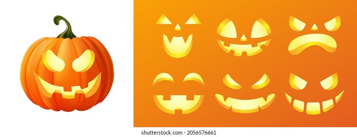 Happy halloween 3D realistic scary jack lantern different faces set collection