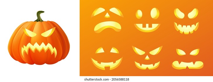 Happy halloween 3D realistic scary jack lantern different faces set collection