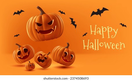 Happy Halloween 3D realistic vector illustration. Featuring a stage with a cute pumpkin, bats, and a spooky atmosphere, it's perfect for holiday celebrations and promotions. Not AI generated.