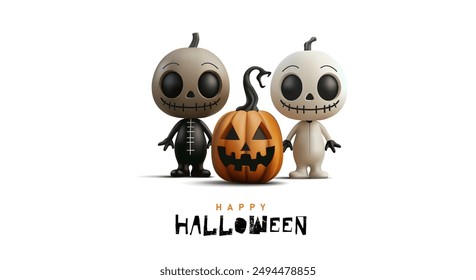 Feliz Halloween, muñecas de miedo 3D y calabaza, 3D. Personajes aterradores y divertidos. Para el diseño de conceptos temáticos publicitarios. Ilustración vectorial.