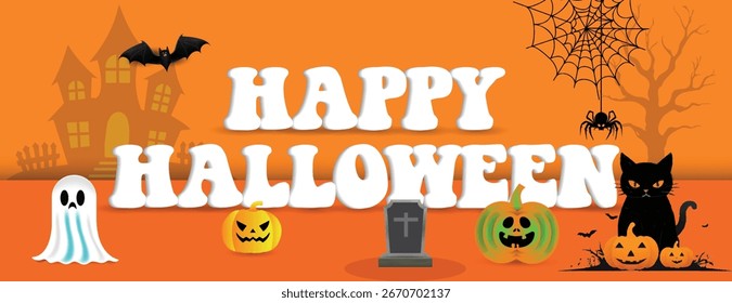 Feliz Halloween 3D Anuncio de efecto de texto para las redes sociales, cabecera del Sitio web, celebración del evento, anuncio del partido, oferta de descuento, Plantilla editable con fondo de Ilustración vectorial naranja