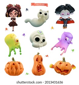 Happy Halloween. 3d vector cartoon icon set. Little witch, funny vampire, friendly slime ghosts, skull, cat spirit, pumpkins, small spiders