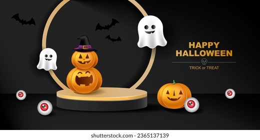 Happy Halloween 3d Vector. magic elements. Pumpkins, ghost. illustration in flat cartoon style.