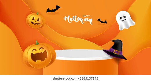 Happy Halloween 3d Vector. magic elements. Pumpkins, ghost. illustration in flat cartoon style.