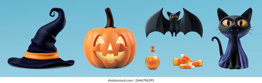 Feliz jogo de vetor 3d halloween. Chapéu bruxa bruxo, lanterna de abóbora jack esculpida, gato preto em traje de dracula, morcego vampiro, poção mágica e doce. Festa de Helloween convidar realístico bonito render venda
