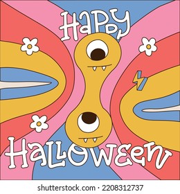 Happy Halloween 70s retro style card. Smiling emoji monster face on rainbow background. Retro distorted melting Smile melt character. Vector hand drawn illustration with lettering.