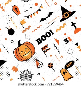 Happy halloween abstract background in 80s memphis style. Seamless memphis pattern for posers and cards with holiday symbols. Vector illustration