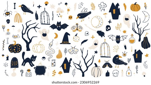 Happy halloween abstract set. Mystical magic collection hand drawing style clip art. Vector illustration 