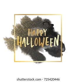 Happy Halloween Abstract Vector Background. Hand Drawn Lettering on Abstract Ink Splash with Golden Glittering.