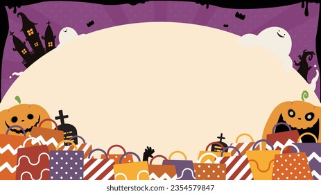 Happy Halloween ad template with monsters and shopping bags (purple)