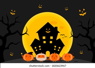 Happy Halloween. Halloween adventure. Castle on halloween. A smiling pumpkin character. Cartoon cute style pumpkin. Pumpkin character. Illustration vector.
