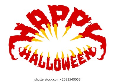 Happy Halloween aggressive text with teeth. Stylish Happy Halloween letter design. Horror sticker, invitation, banner, background, etc. Vector illustration.