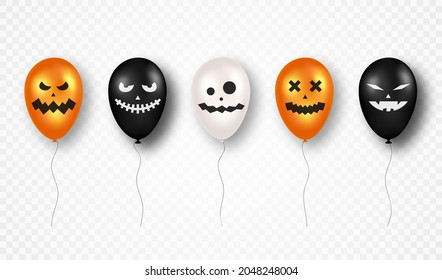 Happy Halloween. Halloween air balloons with scary pumpkin ghost faces. Black, white and orange air balloons with spooky ghost faces on transparent background. Halloween decoration elements. Vector