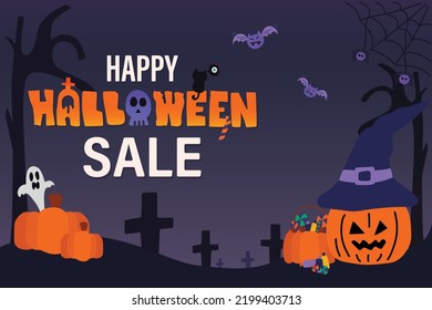Happy Halloween with all element of halloween with hand lettering. For shop sale promotion.