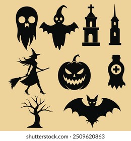 Feliz Halloween todo icono de la Colección de la silueta. Halloween. Murciélago, Castillo, Calabaza, Árbol embrujado, Boo, Brujas, 