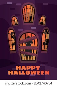 Happy Halloween. All Saints ' Day. A decorated holiday home. A postcard for a mystical holiday. Silhouettes of Dracula, cats, pumpkins, bats, candles and ghosts. Trick or treat. Costume party.