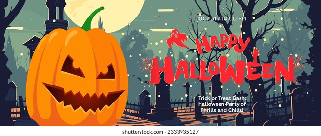 Happy Halloween All Saints night banner with spooky face pumpkin in graveyard. Horizontal art poster scary Jack-o-lantern in cemetery. Holiday promo invitation flyer. Typography artwork card template