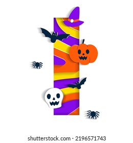 Happy Halloween I Alphabet Party Font Typography Character Cartoon Spooky Horror with colorful 3D Layer Paper Cutout Type design celebration vector Illustration Skull Pumpkin Bat Witch Hat Spider Web