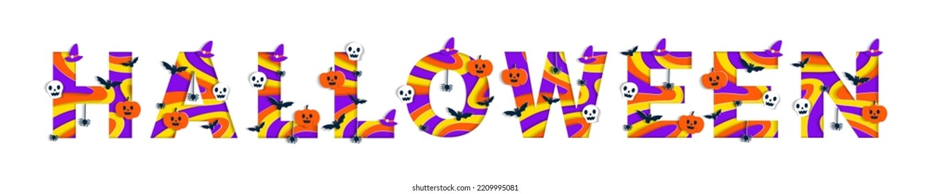 Happy Halloween Alphabet Party Font Typography Character Cartoon Spooky Horror with colorful 3D Layer Paper Cutout Type design celebration vector Illustration Skull Pumpkin Bat Witch Hat Spider Web