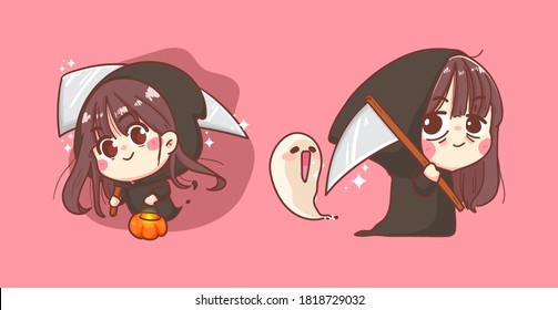Happy Halloween and angel of death or soul reaper on background with cute character design.