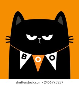 Happy Halloween. Angry cat. Sad face head. Bunting flag Boo decoration. Cute kitten. Black silhouette icon. Funny kawaii pet animal. Cartoon funny baby character. Flat design. Orange background Vector