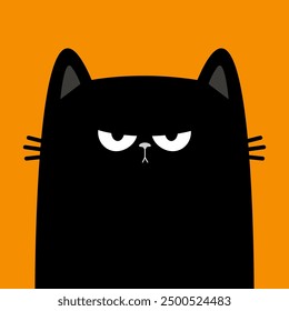 Happy Halloween. Angry cat. Sad face head. Cute kitten. Black silhouette icon. Funny kawaii pet animal. Cartoon baby character. Greeting card Sticker print. Flat design. Orange background. Vector