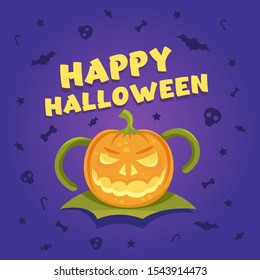 Happy halloween. Angry pumpkin with skulls, bats, stars and candies