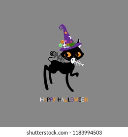 happy halloween with animal pet black cat and fish bone logo label icon sticker,flat vector illustration cartoon character costume design isolated