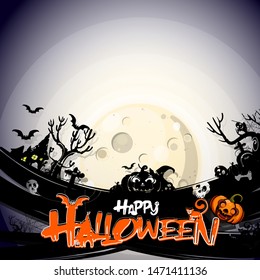 Happy Halloween art banner with cartoon sihouettes on Background with hand lettering greetings retro Style 