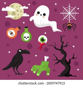 Happy halloween asset for novel, story and artwork. Vector illustration flat style for designer create banner, web page, card or novel. moon, cloud, spider, web, bottle, skull, eye, scrow, hand, tree