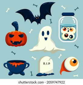 Happy halloween asset for novel, story and artwork. Illustration flat style for designer create banner, web page or novel and story. pumpkin, bat, bone, ghost, bottle, eyes, poison, pot, tombstone.