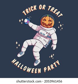 Happy halloween with astronaut pumpkin head holding a soda cup. Best for banner, poster and invitation