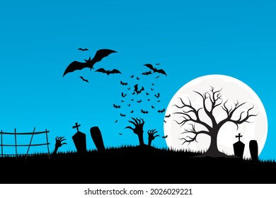 Happy Halloween. The atmosphere is tense in the grave with the moonlight illuminating the night 