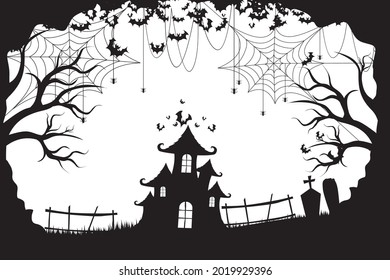 Happy Halloween. the atmosphere is tense in the haunted castle surrounded by graves and spooky trees and flying bats 