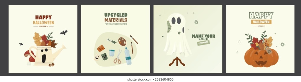 Happy Halloween Autumn Decoration Card Set. Halloween greeting cards collection. Eco-friendly halloween concept. Sustainable halloween ideas. Suitable for marketing. Flat style. Vector illustration