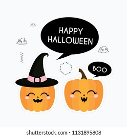 Happy Halloween. Autumn, Fall. Cute vector card with pumpkins and geometric details. Jack o lanterns