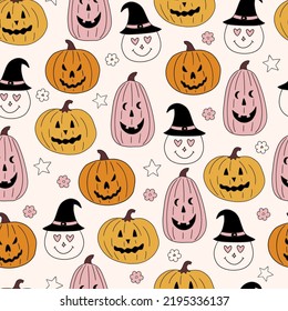 Happy Halloween Autumn fall retro groovy seamless pattern print for fabric, stationery, wallpaper, textile. Repeating digital paper with retro 60s 70s hand drawn vector illustrations