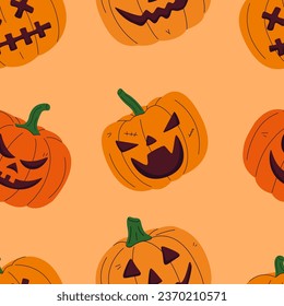 Happy Halloween Autumn fall retro groovy seamless pattern print for fabric, stationery, wallpaper, textile. Repeating digital paper with retro 60s 70s hand drawn vector illustrations
